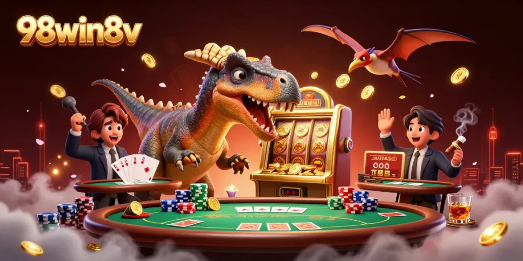 Witness a pachycephalosaurus winning big at 98win8v as it headbutts a slot machine, surrounded by cheering casino staff.