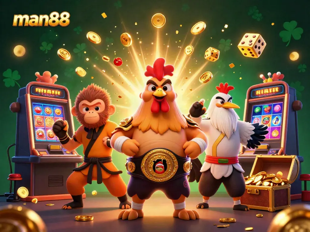 Experience exciting gaming at man88 with vibrant characters and a jackpot celebration scene.