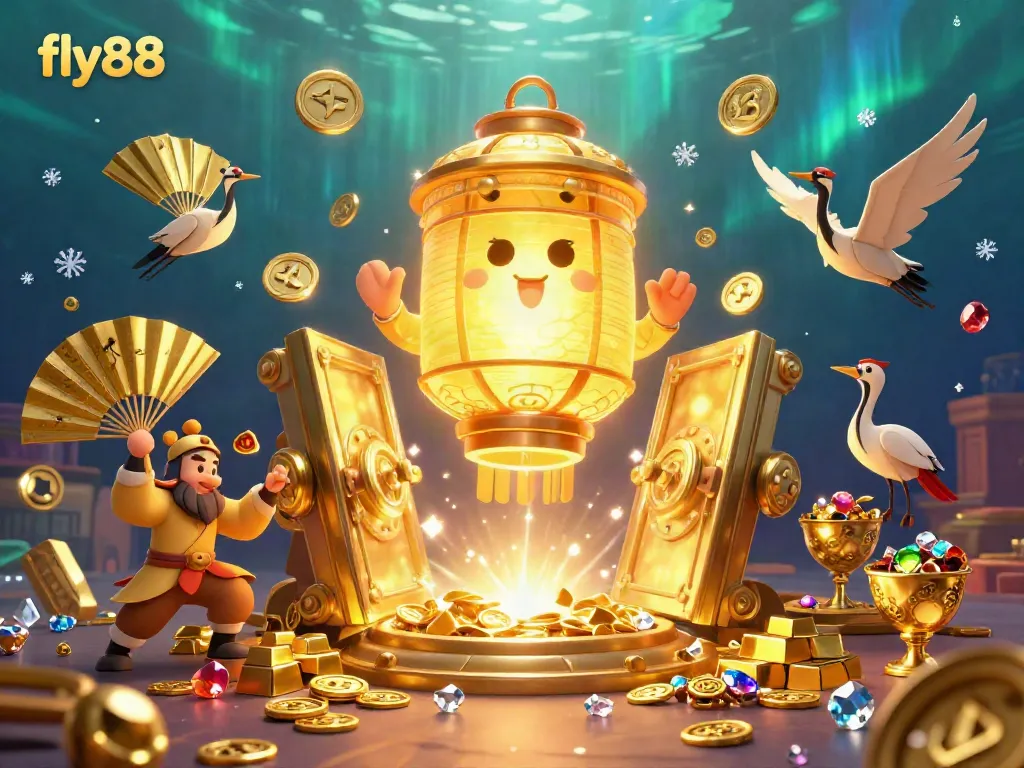 Experience the excitement of fly88 as the golden lantern spirit illuminates a vibrant casino scene filled with treasure and good fortune.