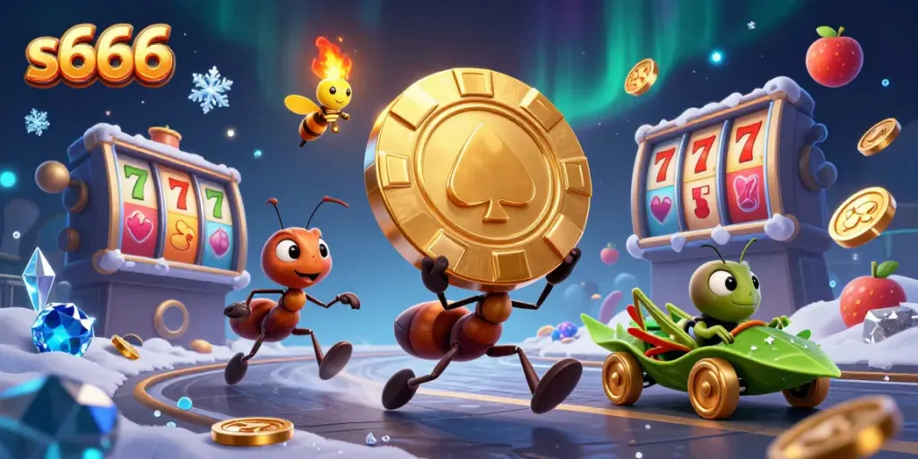 S666 ant heist displaying a poker chip and vibrant slot game elements, capturing casino excitement.