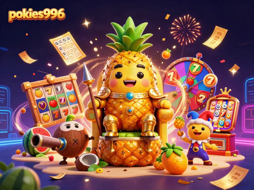 Experience the excitement of pokies996 with vibrant slots and dynamic gaming elements in a lively 3D scene.