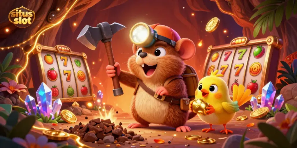 Permainan situs slot yang menggembirakan dengan karakter mole dan canary di antara simbol buah dan jackpot.