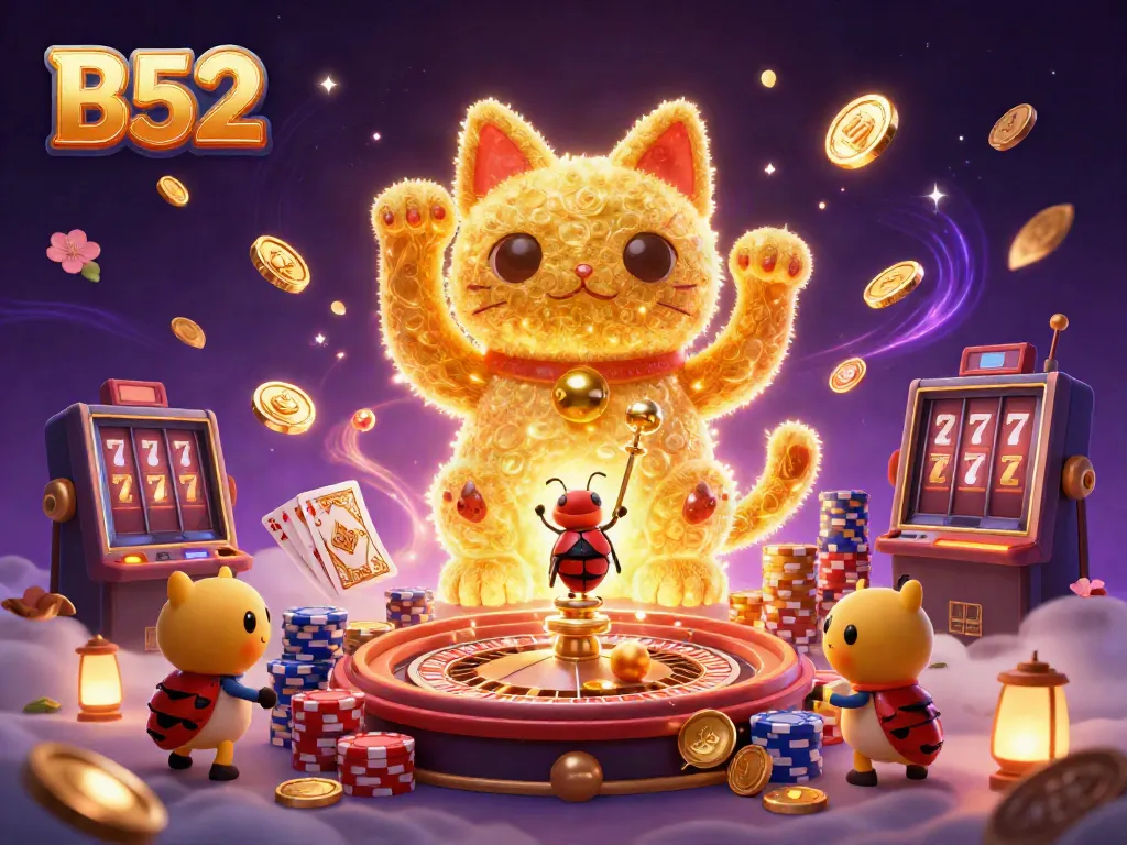 Experience the thrilling world of B52 with a dynamic lucky cat and casino symbols in a vibrant 3D scene.