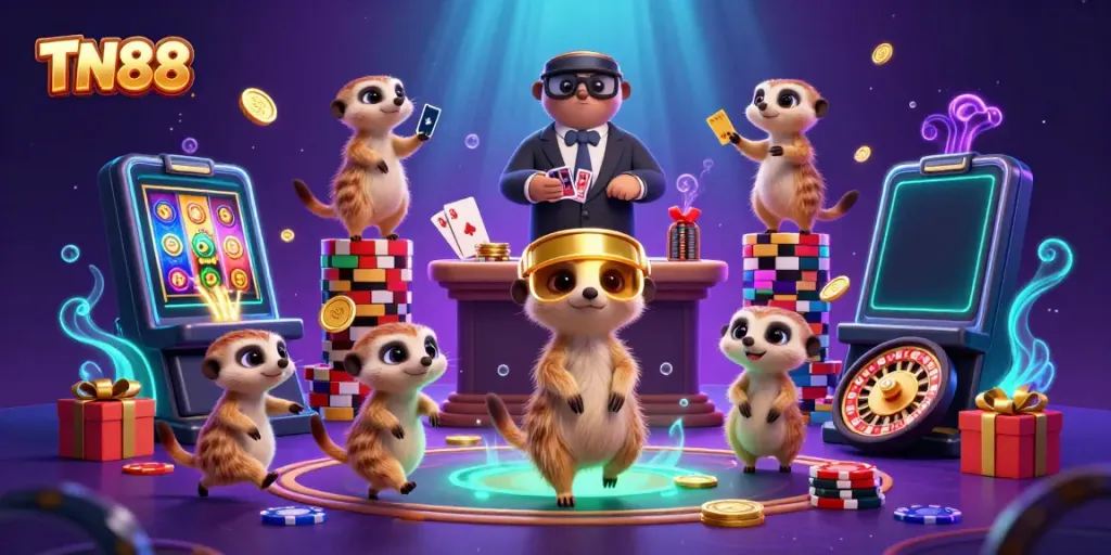 Engage in winning strategies at TN88's lively cartoon meerkat casino scene with slots and roulette.