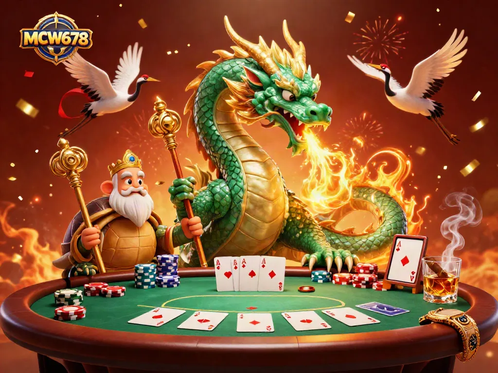 Engage with exciting MCW678 poker action featuring a dragon and lucky symbols.