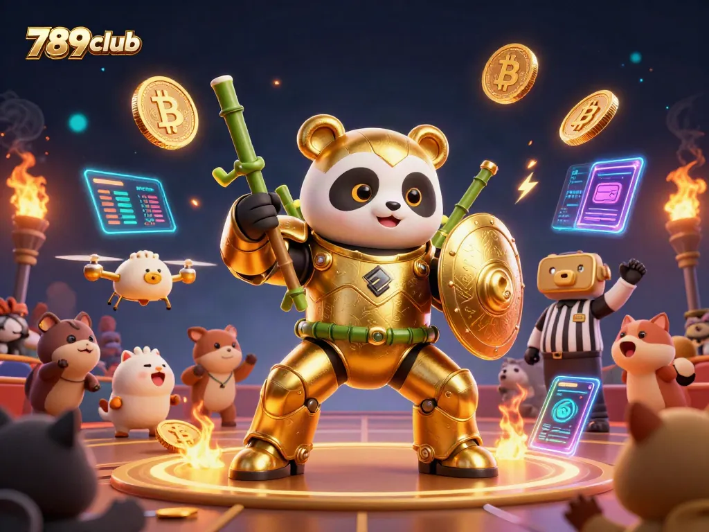 Engage in dynamic gambling with 789club, featuring a golden mech-suit panda battling in an illuminated arena.