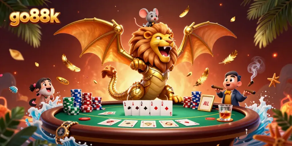 Engage with go88k's thrilling online poker experience featuring an epic chimera battle scene.