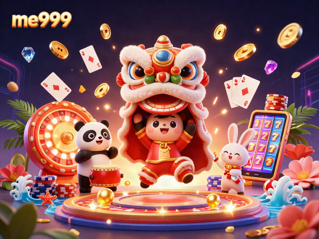 Experience wins with me999 in this vibrant 3D casino illustration featuring lucky game elements.