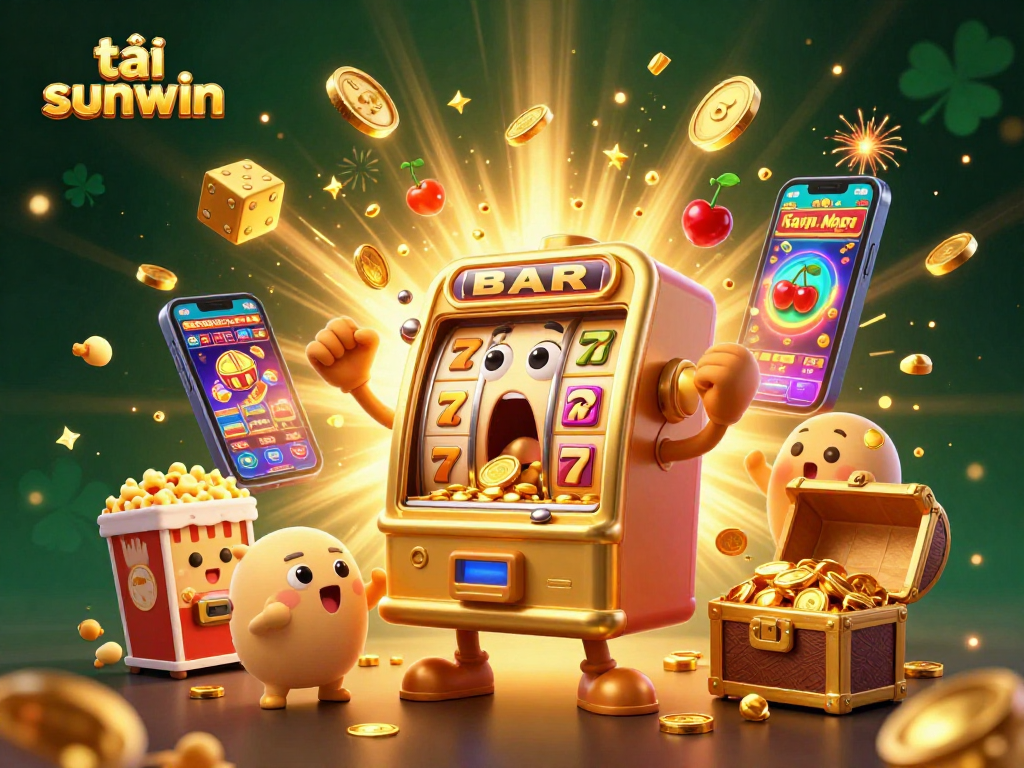Play exciting games at tải sunwin with a vibrant scene featuring a golden slot machine hitting a jackpot amidst cheering and dynamic casino elements.