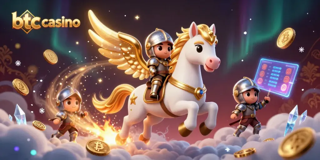 Experience the thrill with btc casino as a cute armored knight rides a celestial horse through crypto elements.