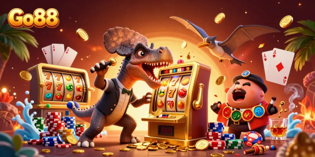 Go88 jackpot scene with dinosaurs celebrating golden slot wins in a vibrant casino.