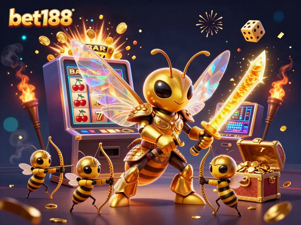 Experience the thrill of bet188 with an action-packed illustration featuring a golden hornet samurai amidst casino games and dazzling jackpots.