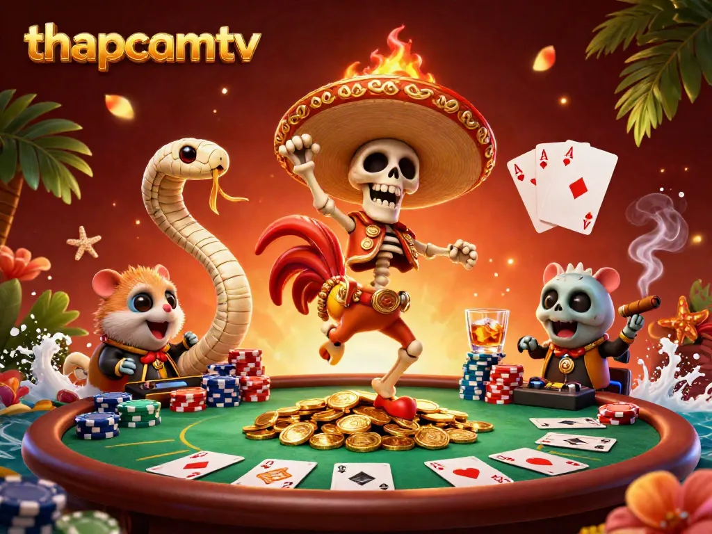Experience thapcamtv's vibrant 3D celebration of online gambling with lively characters and casino elements.