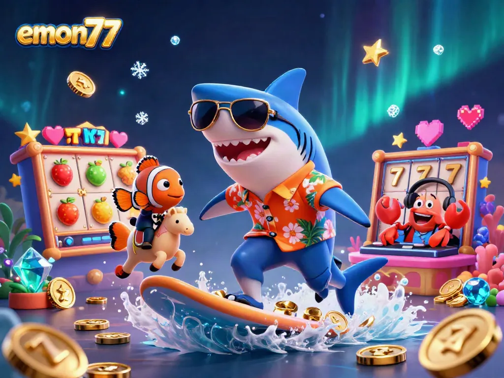 Experience the thrill of emon77 with vibrant casino elements and playful characters.