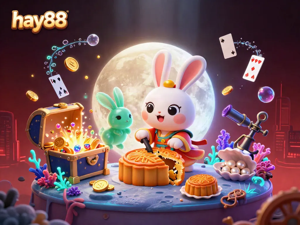 Engage with hay88 through exciting games showcased in this vibrant illustration featuring a moon rabbit and vibrant casino elements.