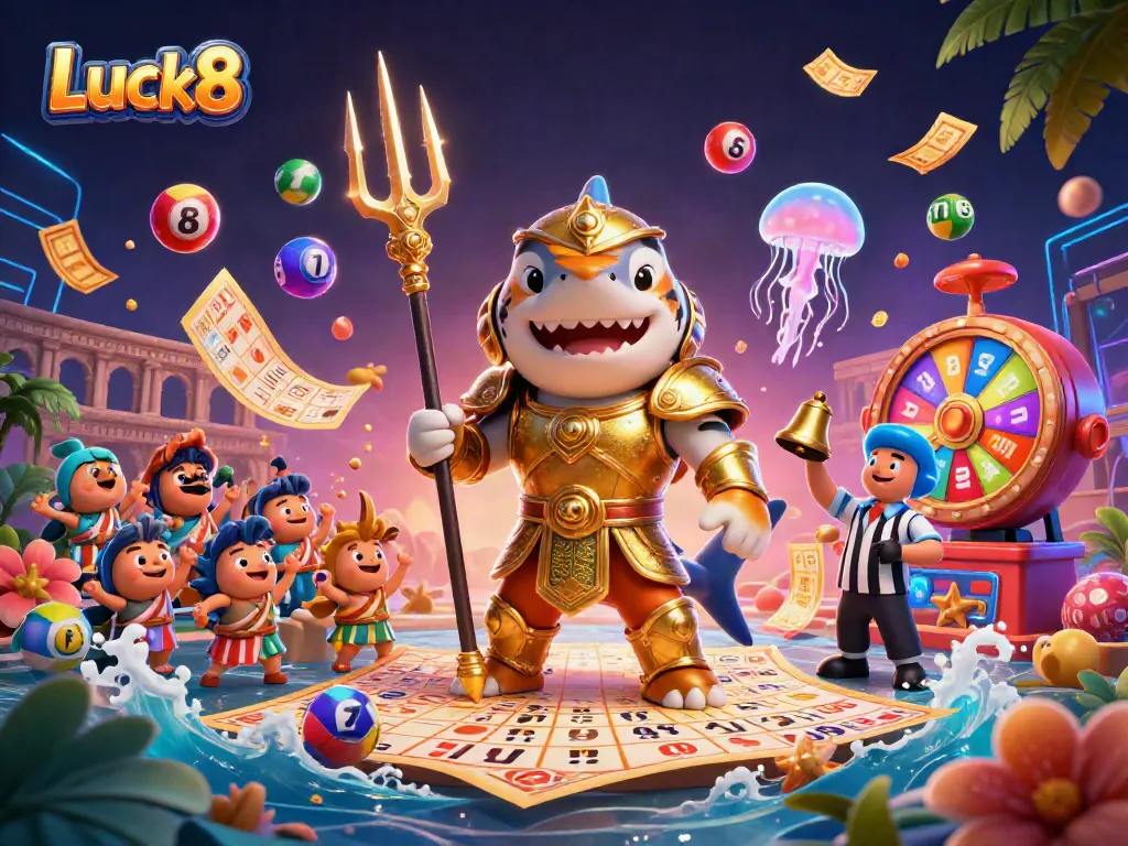 Experience thrill at Luck8 with a dynamic underwater casino scene featuring a shark and vibrant game elements.
