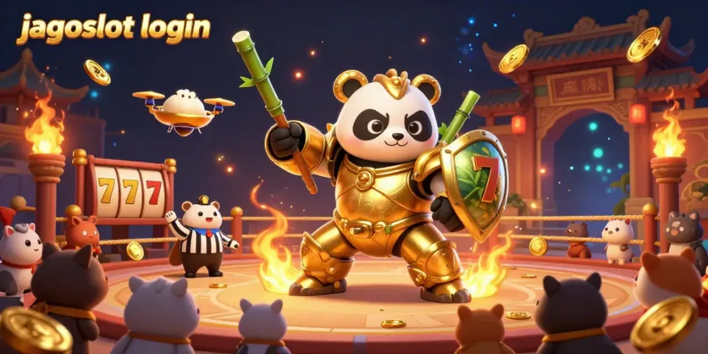 Visualisasi bergaya 3D dengan tema jagoslot login, menampilkan panda emas dan elemen perjudian yang dinamis.