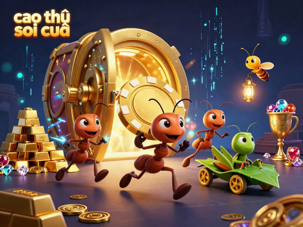 Cao thủ soi cầu ants triumphantly carrying a giant poker chip during a heist in a treasure-filled tunnel