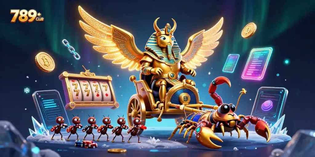 Engage in thrilling gameplay with 789CLUB featuring vibrant characters, slot games, and cryptocurrency elements.