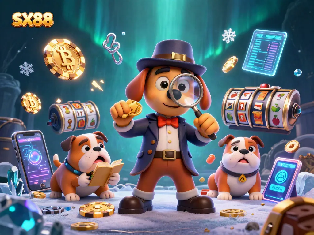 SX88 gambling illustration with a detective examining a poker chip, surrounded by vibrant casino elements.