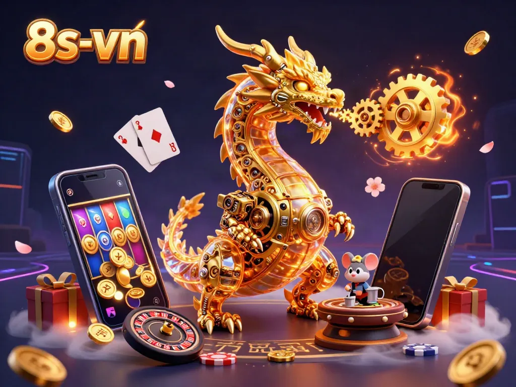 Spin reels while experiencing 8s-vn casino excitement with a golden dragon breathing gears.