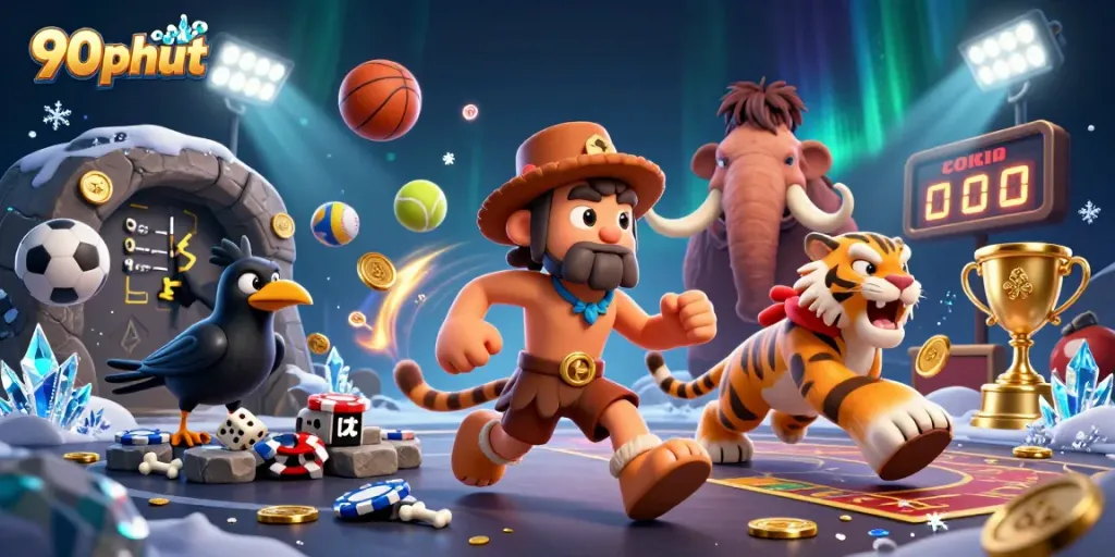 Win big at 90phut's prehistoric casino, where cavemen and sports collide in thrilling action!