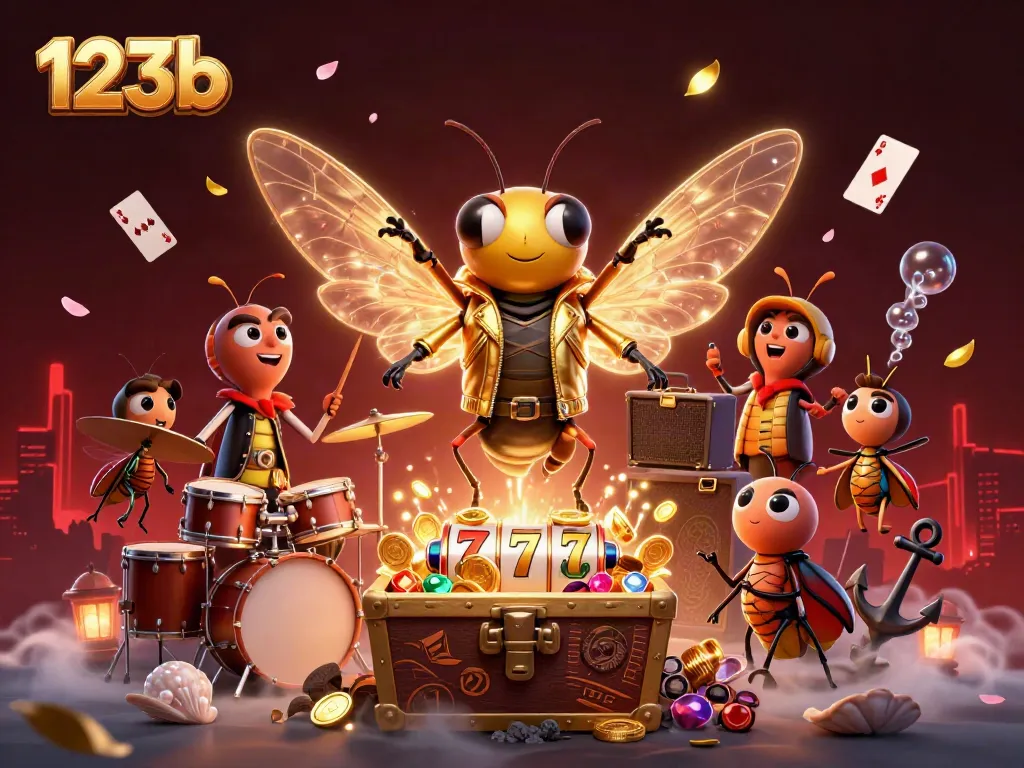 Engage with 123b as a cartoon rock star emerges, surrounded by gold coins and slot reels.