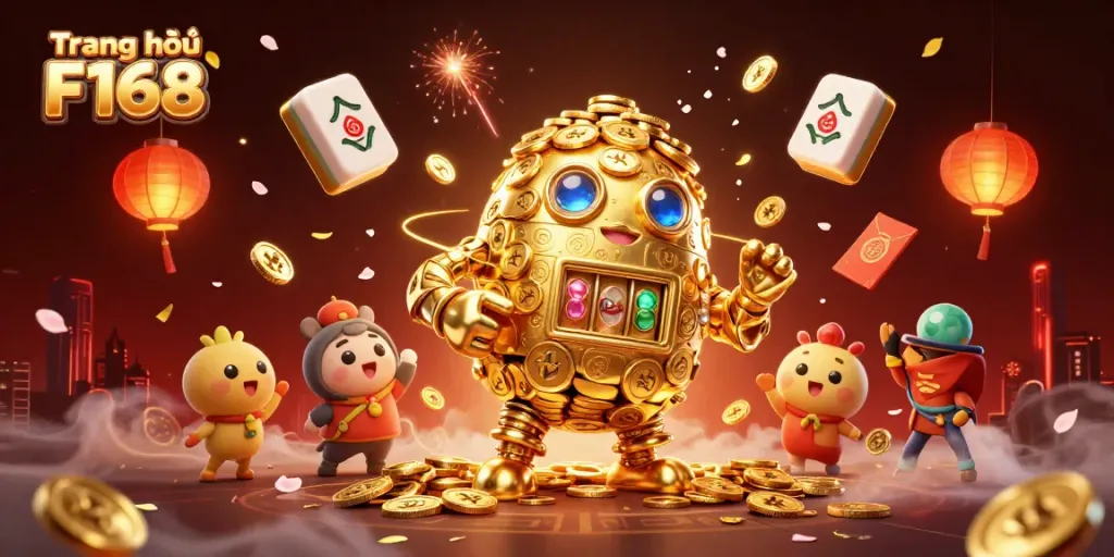 Engage in thrilling gameplay at Trang chủ F168 with a vibrant scene featuring a golden golem and festive casino elements.