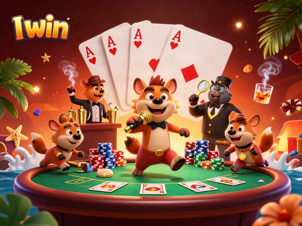 Experience winning fun at "I win" comedy casino with hyenas in vibrant 3D illustration.