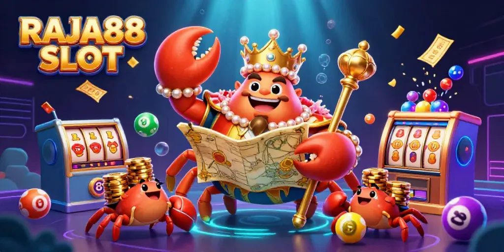 Experience RAJA88 SLOT with a golden crab emperor amidst vibrant prizes and dynamic casino elements.