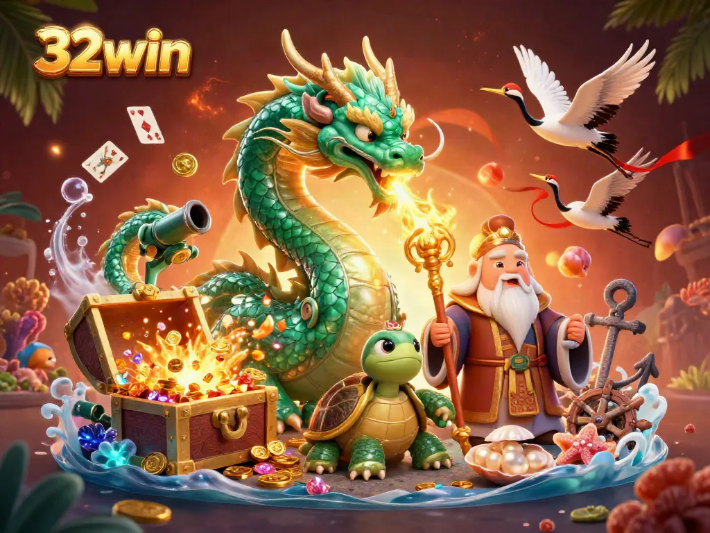 Win prizes with 32win's vibrant gaming elements and interactive characters in a dynamic casino scene.