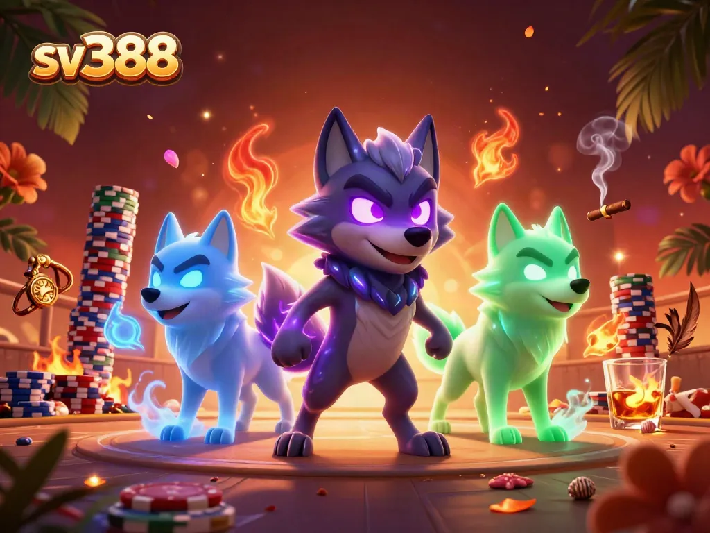 Experience thrilling cockfighting action with sv388's vibrant 3D wolf illustration and dynamic casino elements.