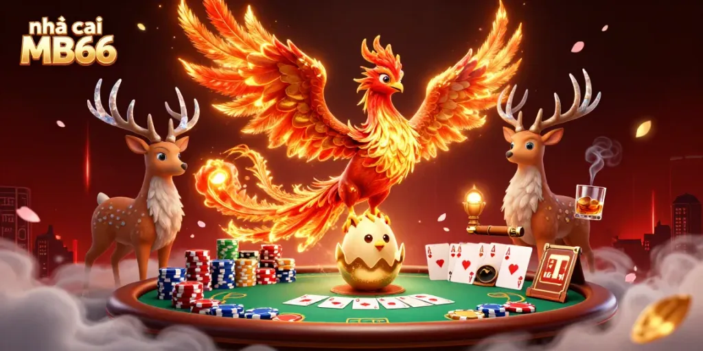 Engage with nhà cái MB66's vibrant casino world, where a phoenix and stag inspire winning poker bets.