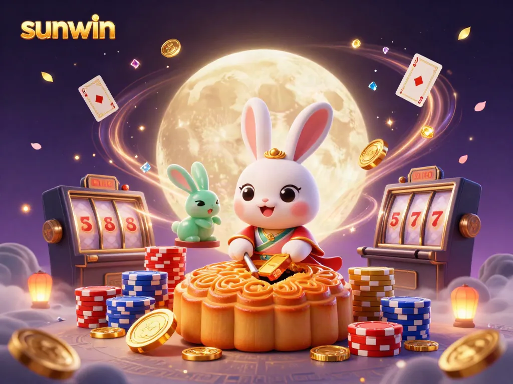 Engage with sunwin's magical gaming experience with a moon rabbit amid casino elements and stunning visuals.
