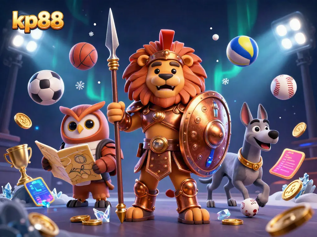 Experience dynamic sports betting with kp88 featuring an armored lion and gold coins.