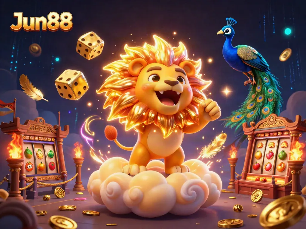 Experience thrilling gaming with Jun88's vibrant 3D illustration featuring a roaring lion and dynamic casino elements.