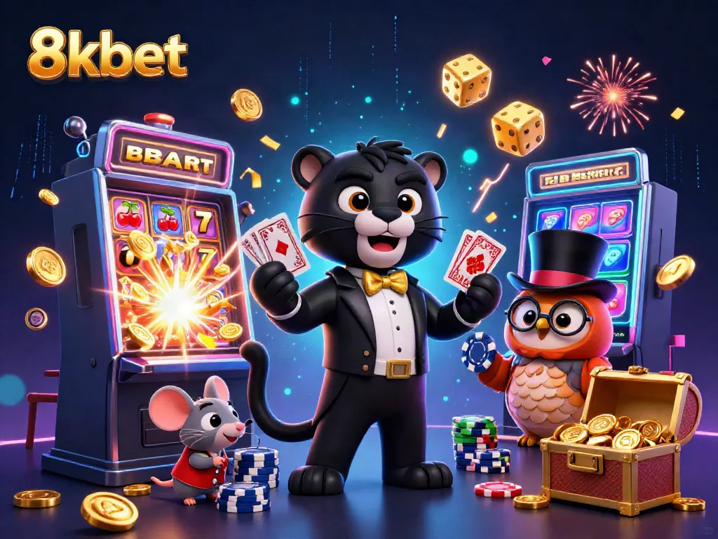 Experience the excitement at 8kbet with a stylish panther dealer, vibrant casino elements, and a lively atmosphere.