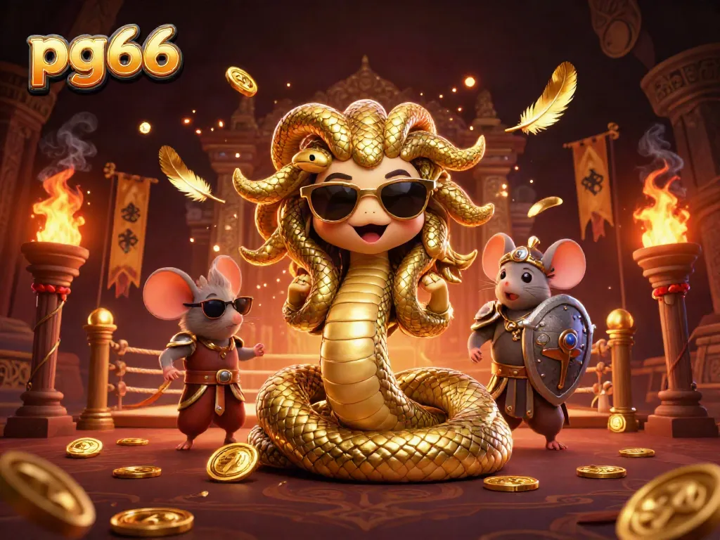 Experience thrilling moments with pg66 as Medusa and a warrior mouse celebrate online gaming wins amidst vibrant casino elements.