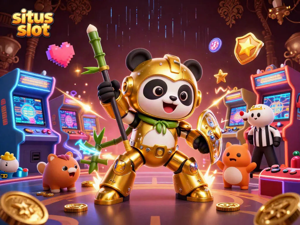 Experience situs slot excitement with a golden panda mech in a vibrant casino arena.