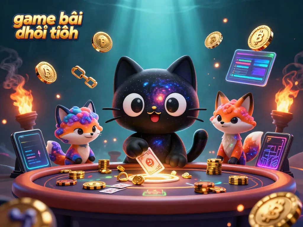 Experience the thrill of game bài đổi thưởng as animated characters engage at a cosmic casino table filled with vibrant gaming elements.