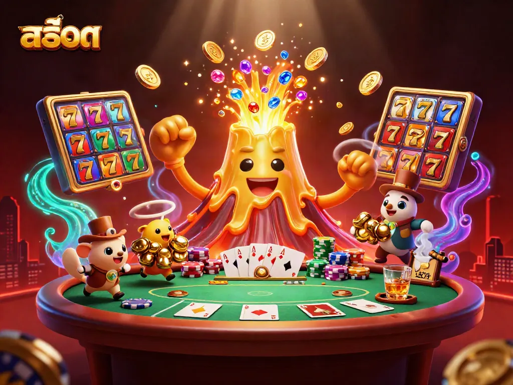 Experience the thrill of สล็อต with a triumphant volcano erupting coins and treasures in this vibrant casino illustration.