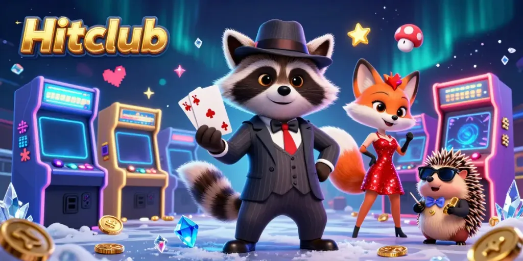 Hitclub raccoon in tuxedo reveals a royal flush with vibrant gaming elements.