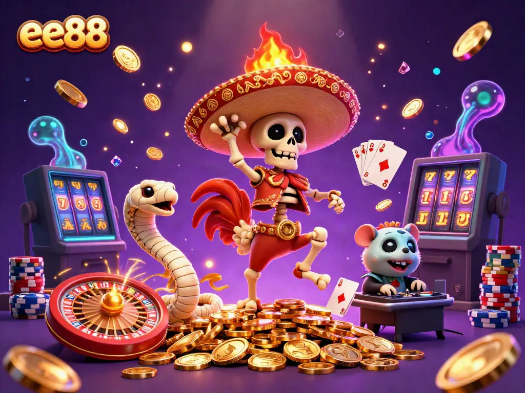 ee88 engagement illustration capturing a lively casino atmosphere with interactive characters and game elements.