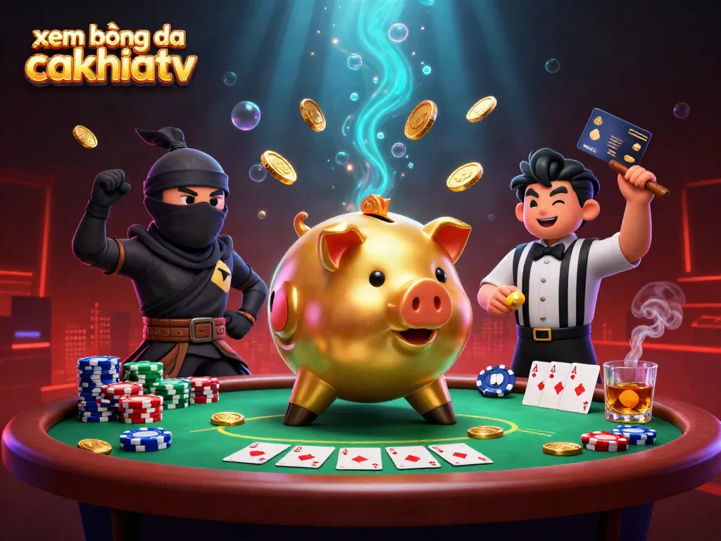 Xem bóng đá cakhiatv showcases a vibrant 3D illustration of gambling characters creating dynamic action.