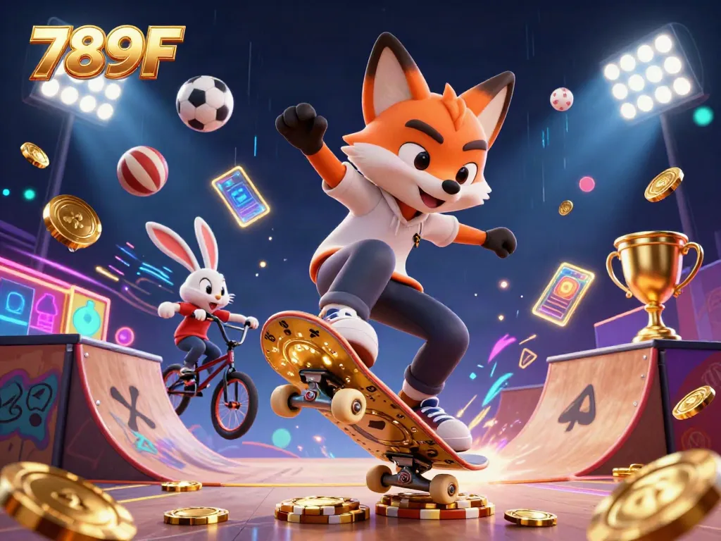 Catch the energetic scene of 789F with a skateboarder fox and BMX rabbit in a vibrant casino-themed illustration.
