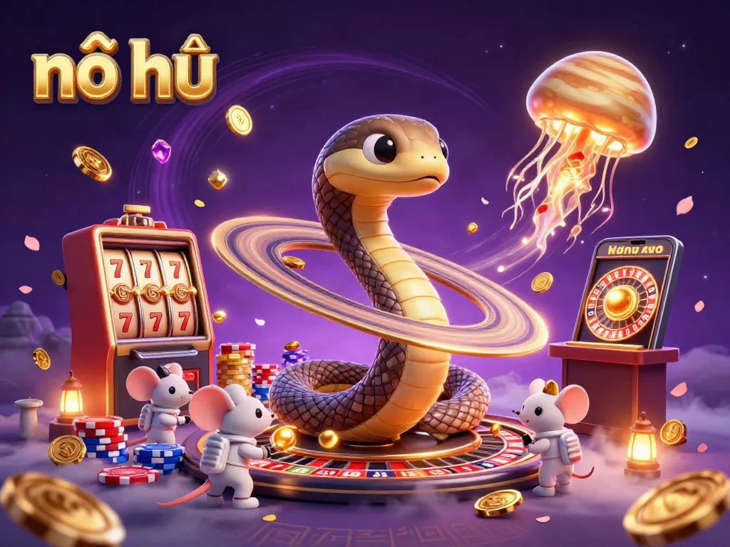 Engage in nổ hũ excitement with 3D characters and vibrant gaming elements in a cosmic casino scene.