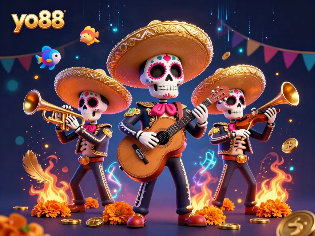 Join the yo88 fish shooting game adventure with vibrant skeleton mariachi characters amidst dynamic underwater elements.