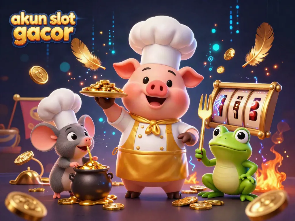 Gim slot gacor dengan karakter babi juru mas menyajikan koin emas, mouse, dan katak kritikus di tengah suasana tak terlupakan.