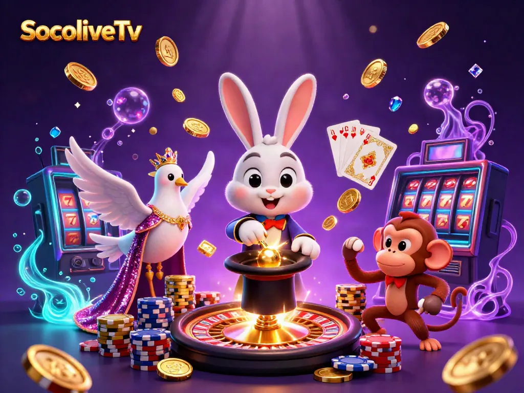 SocoliveTv showcases a dynamic scene with a magician rabbit, dove, and monkey in a vibrant casino environment.