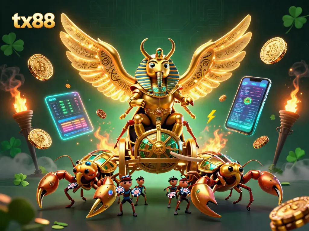 Engage with tx88 gaming excitement featuring a colossal golden beetle and crypto elements.